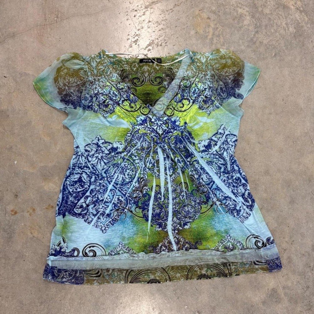 Apt. 9 Women Blue Green Paisley Floral Sheer Mesh Rhinestone Y2K Top Petite M